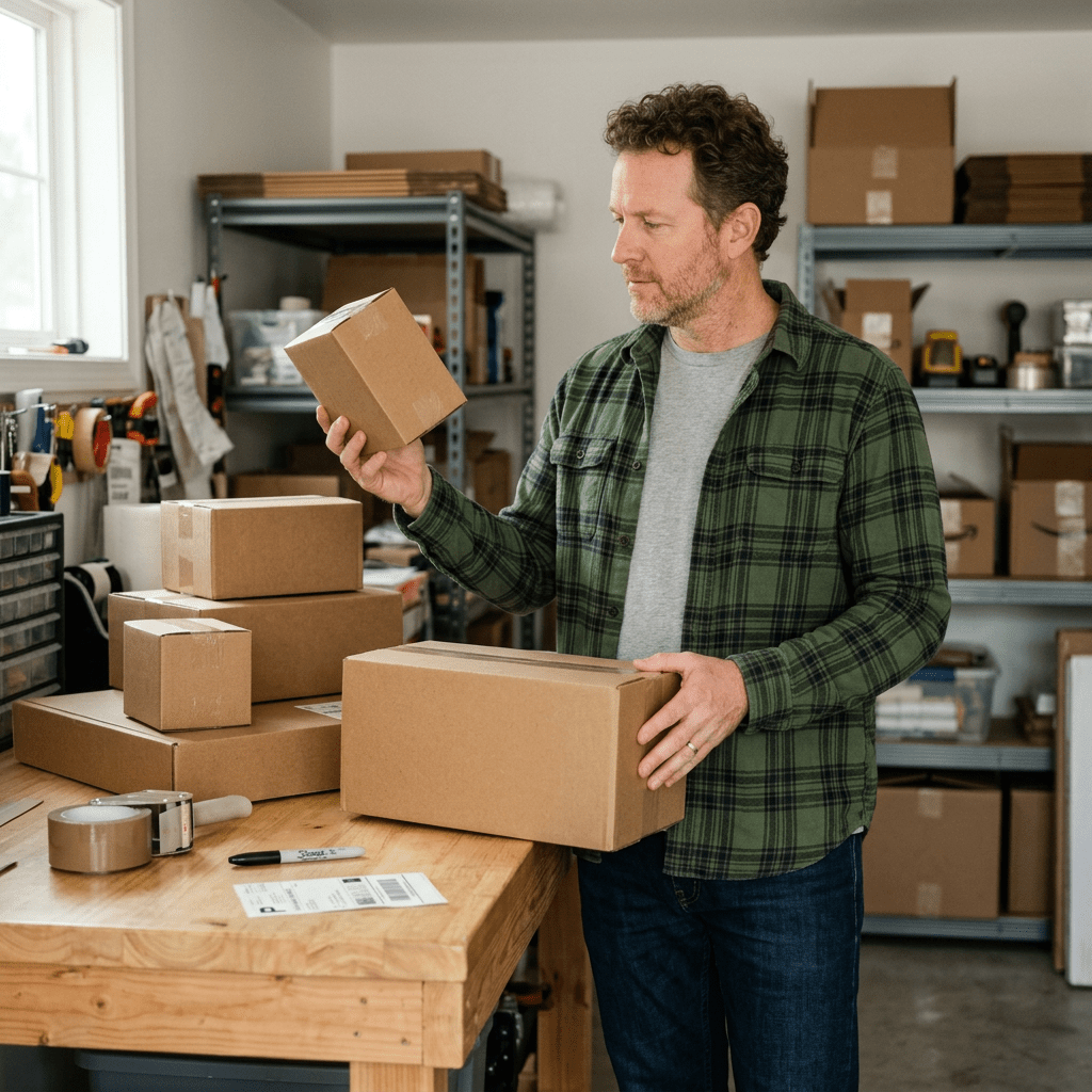 Man examining oversized and undersized packaging with labels explaining waste and damage scenarios