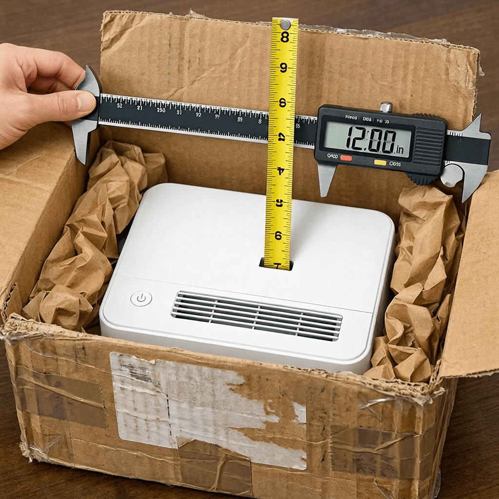 Digital caliper and tape measure measuring a white electronic device inside a cardboard box
