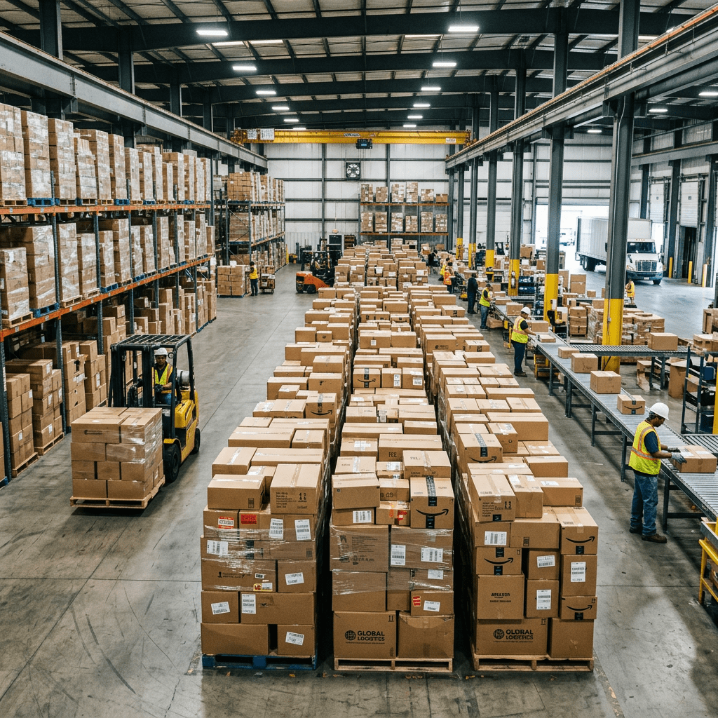 Workers in safety vests and hard hats sorting packages on conveyors and forklifts moving pallets of boxes in a spacious warehouse