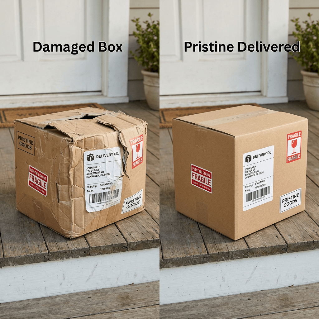Comparison of a crushed damaged cardboard box and a pristine, undamaged delivery box on a wooden porch