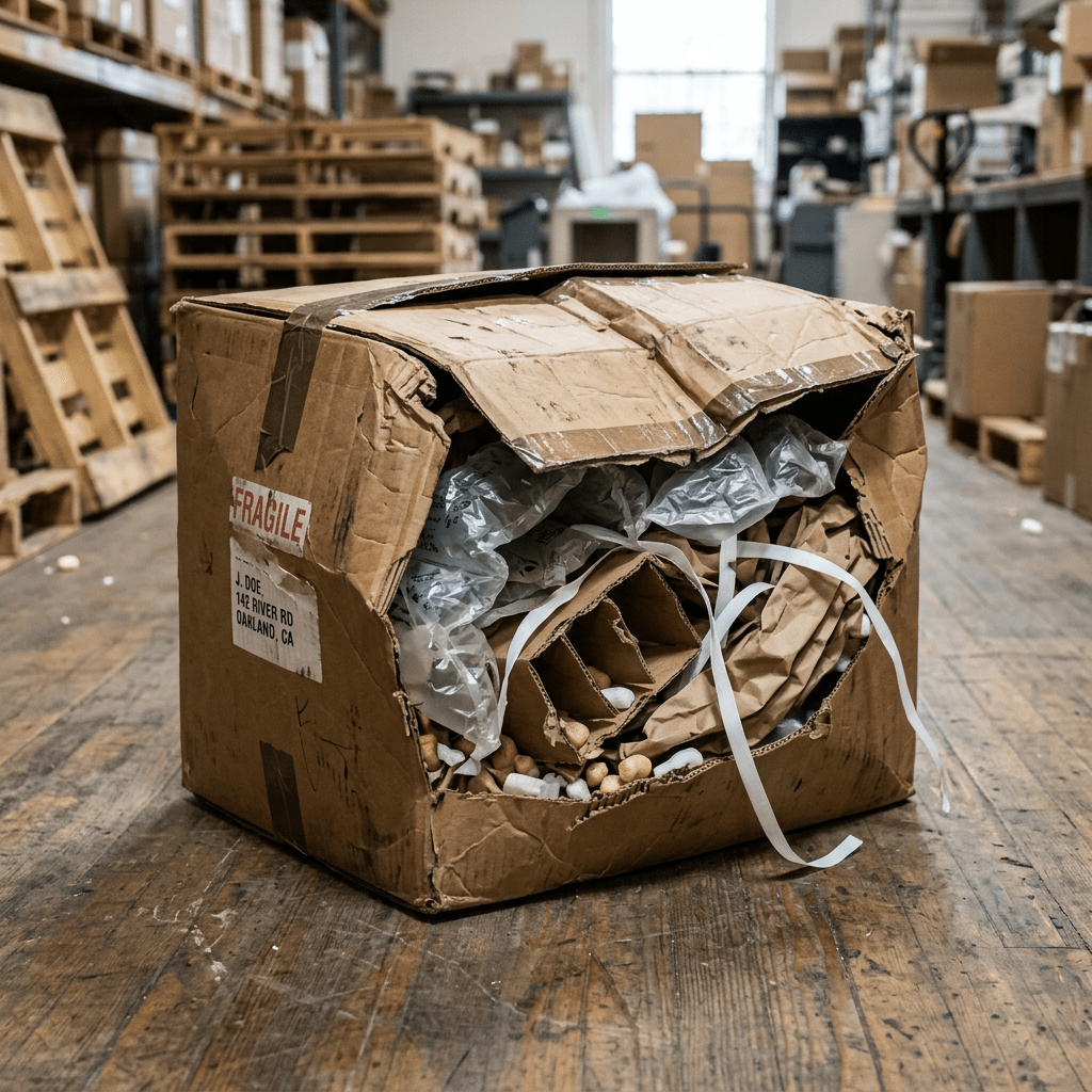 Crushed cardboard box labeled fragile with packing peanuts and bubble wrap inside