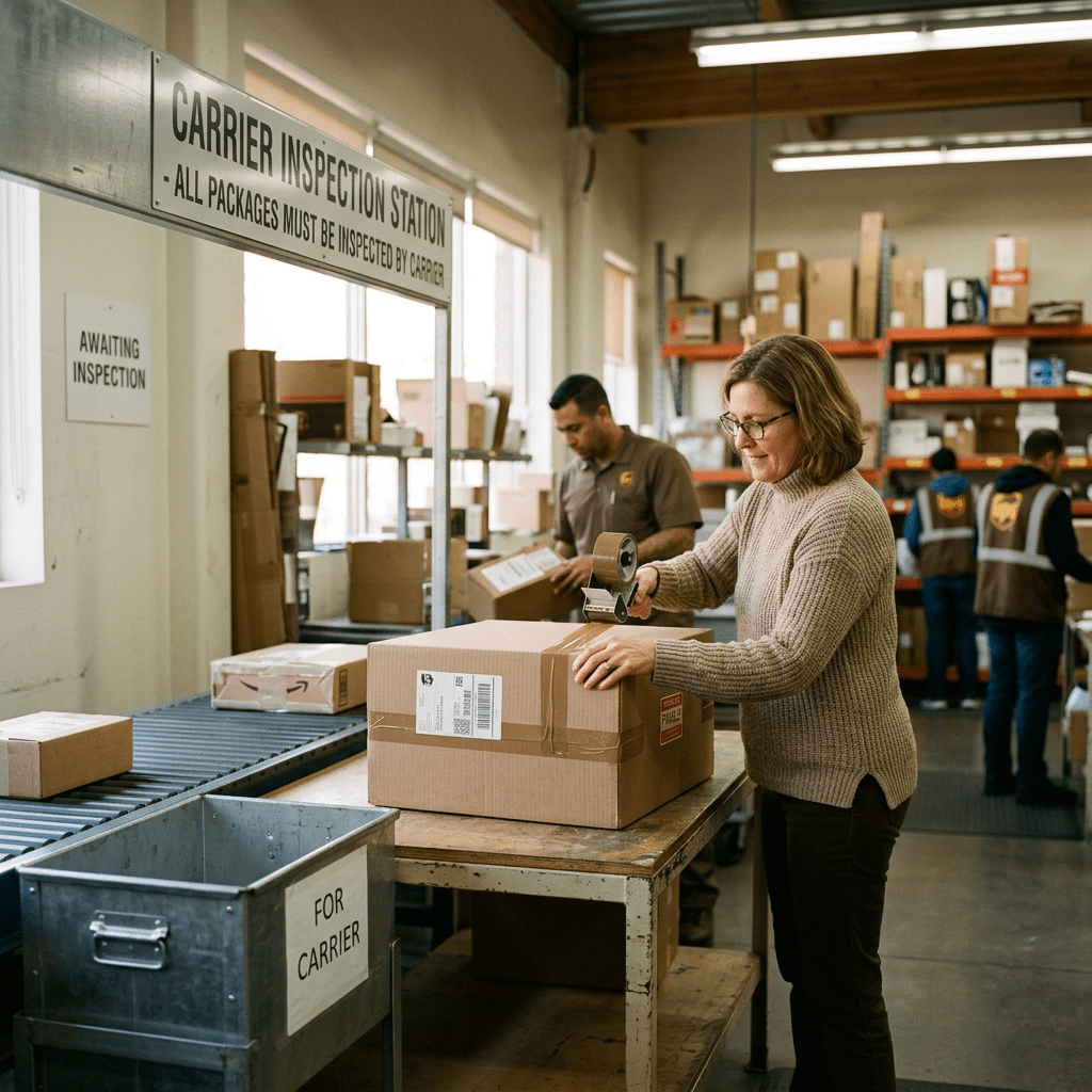 Worker taping a cardboard box at a carrier inspection station in a warehouse